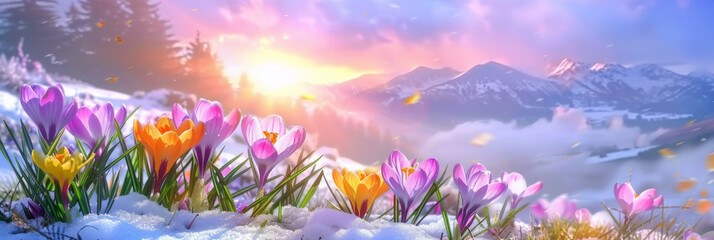 Fototapeta na wymiar purple, pink, and yellow flowers on snowy landscape, winter flower themes, banner
