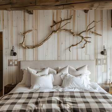 Rustic wooden branch wall decor over bed with white pillos and beige plaid. Farmhouse, country interior design of modern bedroom. 3d render.