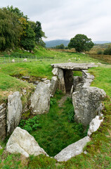 Capel Garmon Neolithic burial chamber of Severn-Cotswold style. Looking across the central chambers...