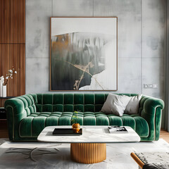 Green velvet sofa and marble coffee table. Art deco home interior design of modern living room. 3d render.