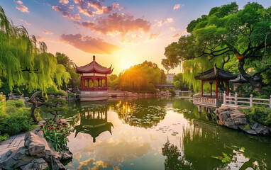 Suzhou garden sunset scenery in China,created with Generative AI tecnology.