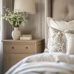 Close up of bedside cabinet near bed with beige bedding. French country interior design of modern bedroom. 