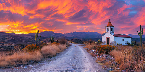 mexican church with cactus in the sunset desert