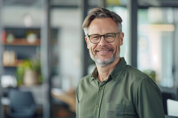 Obraz premium Happy Businessman wearing a green shirt and glasses standing in a modern office
