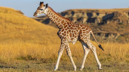 A newborn giraffe calf stands wobbly on its long legs  its patterned coat blending seamlessly with the golden African grasslands. - obrazy, fototapety, plakaty