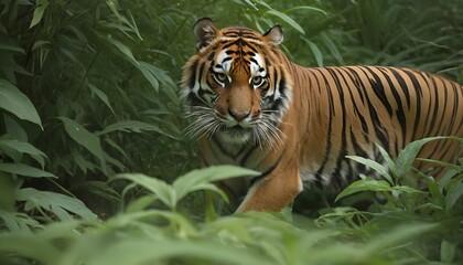 A Tiger Stalking Its Prey Through The Underbrush