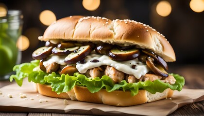 Chicken sandwich with mushrooms and mozzarella cheese and lettuce on cutting bored
