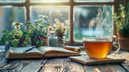 Compose a scene with a steaming cup of herbal tea next to a journal and pen, set on a rustic wooden table with a window view of a peaceful garden, promoting self - obrazy, fototapety, plakaty