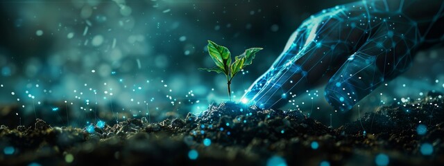 Concept art of a digital hand planting a seed that grows into a robust cybersecurity system, demonstrating strategic investments. - obrazy, fototapety, plakaty
