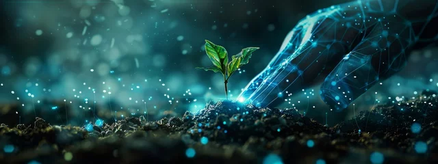 Fotobehang Concept art of a digital hand planting a seed that grows into a robust cybersecurity system, demonstrating strategic investments. © Exnoi