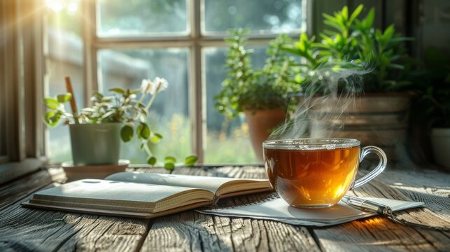 Compose a scene with a steaming cup of herbal tea next to a journal and pen, set on a rustic wooden table with a window view of a peaceful garden, promoting self