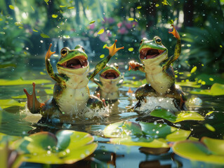 Cute frogs jumping and splashing with joy at a lily pond - 768003620