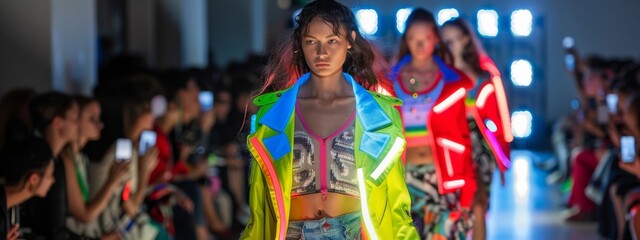 Contemporary fashion show inspired by 80s punk culture, featuring smart fabrics and LED accessories.