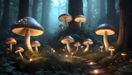 Magical Enchanted Forest With Glowing Mushrooms A