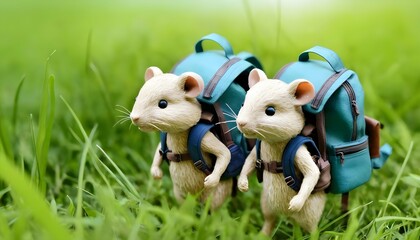 Mice With Backpacks On A Journey Through The Grass