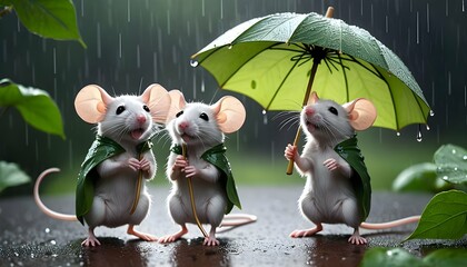 Mice With Leaf Umbrellas In A Rainstorm