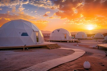 Sunset view of a desert glamping site with futuristic dome tents and wooden walkways.