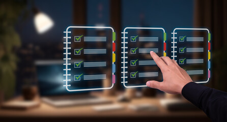 hand interacts with hologram of documents check list. concept documents. office background blurred.