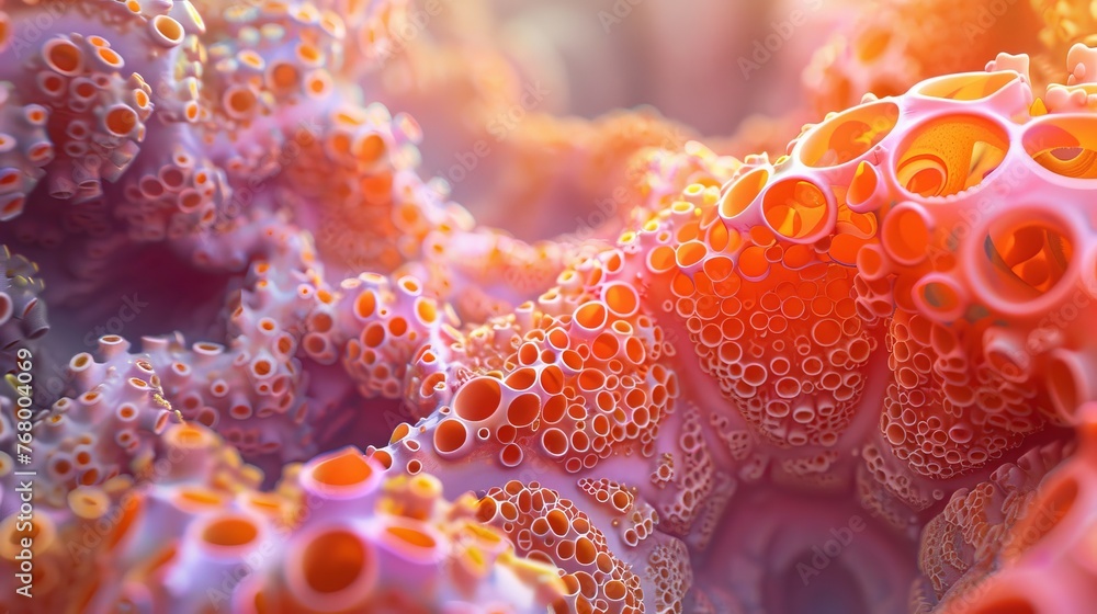 Poster an image that magnifies the microscopic world, turning cellular structures into a vast, alien landsc