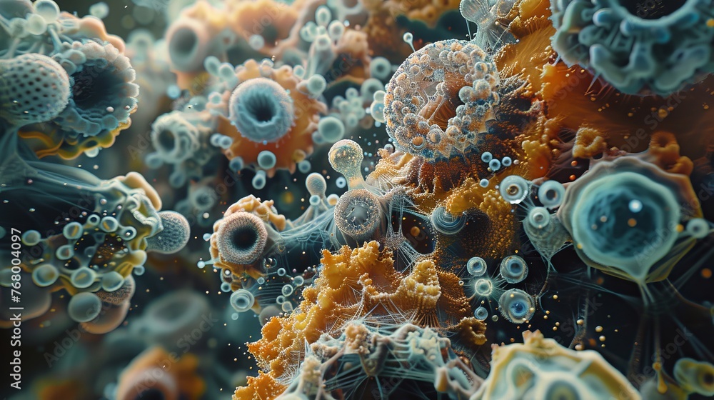 Poster an image that magnifies the microscopic world, turning cellular structures into a vast, alien landsc