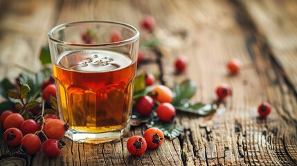 Channeling the warmth of a cozy kitchen, photograph a glass filled with aromatic rose hip tea surrounded by assorted berries on a worn wooden surface - obrazy, fototapety, plakaty