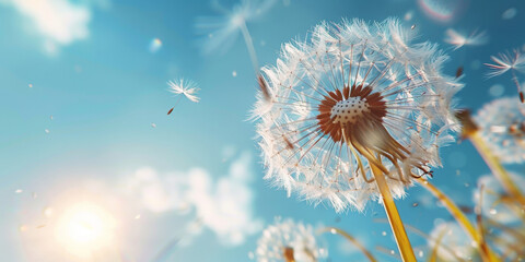 Dandelion seeds blowing in the wind on a blue sky background with copy space. Goodbye Summer. Hope and dreaming concept. Fragility. Springtime,banner