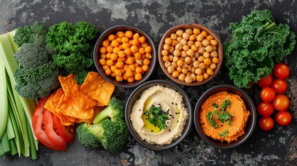 an image of a variety of healthy snacks including kale chips, roasted chickpeas, and sliced vegetables with hummus, arranged neatly on a natural stone surface.