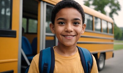 Portrait of a smiling school boy with backpack in school bus background