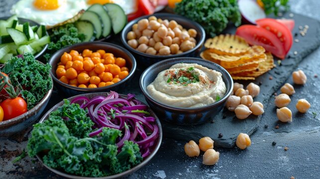 an image of a variety of healthy snacks including kale chips, roasted chickpeas, and sliced vegetables with hummus, arranged neatly on a natural stone surface.