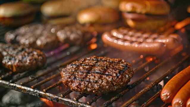 Close-up of burgers and sausages cooking on grill. Food preparation and leisure concept. Image for culinary blog, outdoor event promotion