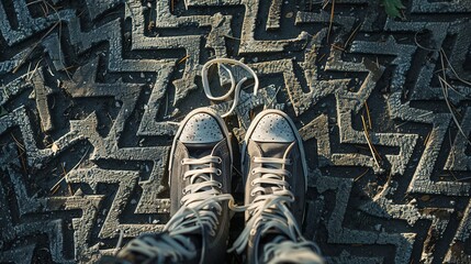 Surrealistic composition featuring sneaker shoes standing out among a maze of arrows on weathered asphalt, reminiscent of a labyrinth - obrazy, fototapety, plakaty