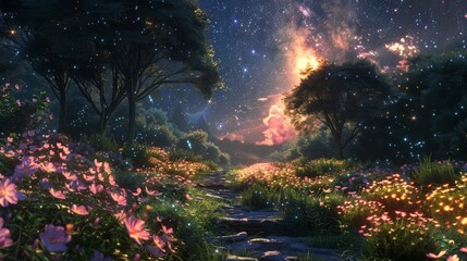 a fantasy virtual garden blending photorealistic plant textures with magical elements, under a starlit sky, using vibrant colors and whimsical designs, for fantasy artists and game developers.