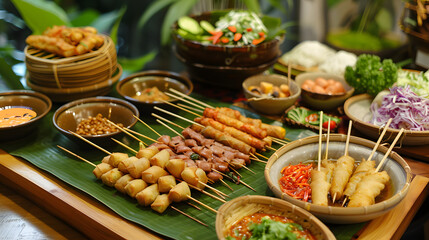 Grilled skewers and Thai desserts on a plate at a buffet with a variety of fresh and delicious foods