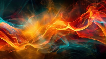 Vibrant abstract composition depicting dynamic flame-like waves intertwined with futuristic tech elements - obrazy, fototapety, plakaty