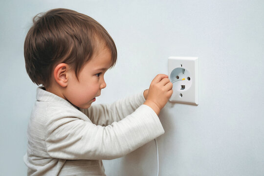 Child sticks electric wire into wall socket, danger of electric shock, Film grain effect