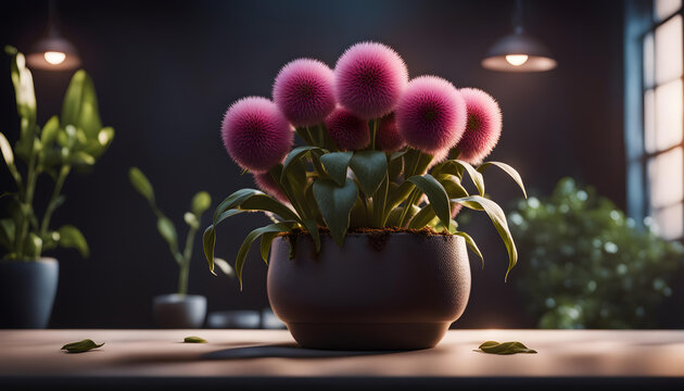 A serene scene showcasing a unique plant with vibrant pink puffball flowers, nestled in a modern pot amidst other greenery, under the soft glow of ambient lighting