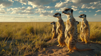 A group of four meerkats standing on a dirt hillside - obrazy, fototapety, plakaty