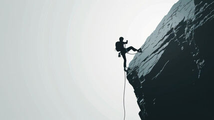 Silhouette man is climbing a rock wall with a rope - obrazy, fototapety, plakaty