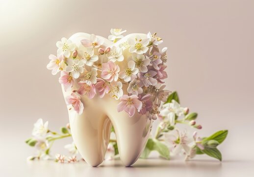 human tooth, with flowers on it, light colored background, for the dentist room, tooth picture, portrait 