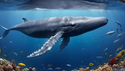 A Blue Whale Surrounded By Other Marine Life Show