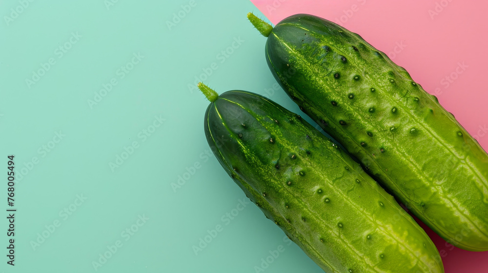 Poster Fresh green single cucumber with blank space for text