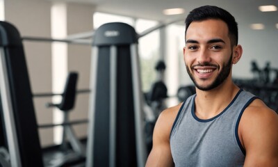 Happy smiling Portrait of the young man at gym background, workout

