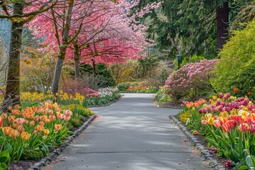 Picturesque pathway lined with blooming trees and flowers in pastel colours.