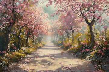 Naklejka premium picturesque pathway lined with blooming trees and flowers in pastel colours.