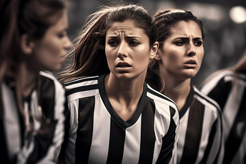 womens soccer football sports players Dejected down looking sad unhappy after losing game or penalty shoot out in the match stadium depressed knocked out of league cup tournament black white kit - obrazy, fototapety, plakaty