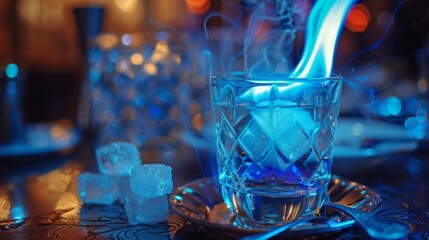 Burning drink in shot glass on table