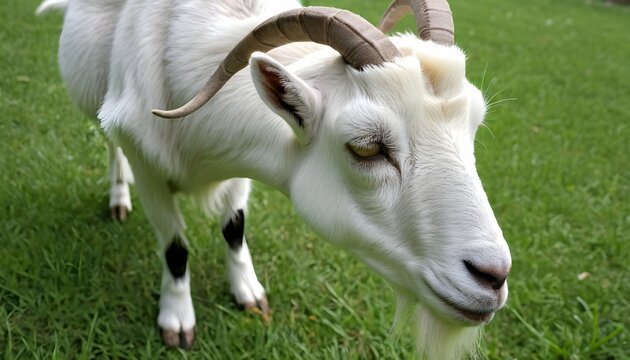 A Goat With Its Head Bowed Grazing On Grass