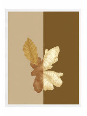Beige and brown split background with illustrated ginger and leaf.