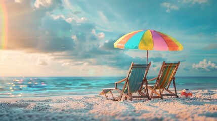 Beach summer on island vacation holiday relax in the sun on their deck chairs under a rainbow umbrella. - obrazy, fototapety, plakaty