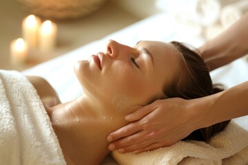 Obraz na płótnie Canvas Woman receiving neck massage in a spa setting